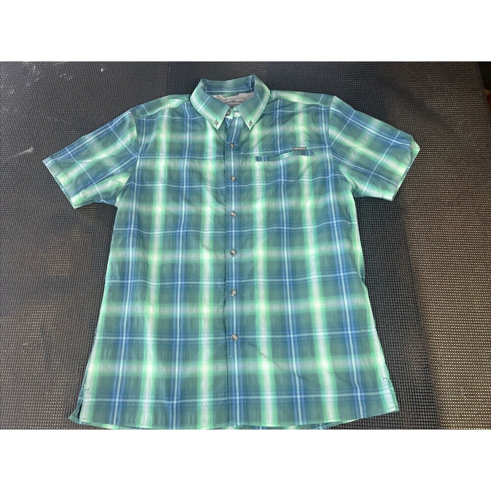 Eddie Bauer Shirt Mens Medium Green Plaid Short‎ Sleeve Button Casual Quick Dry